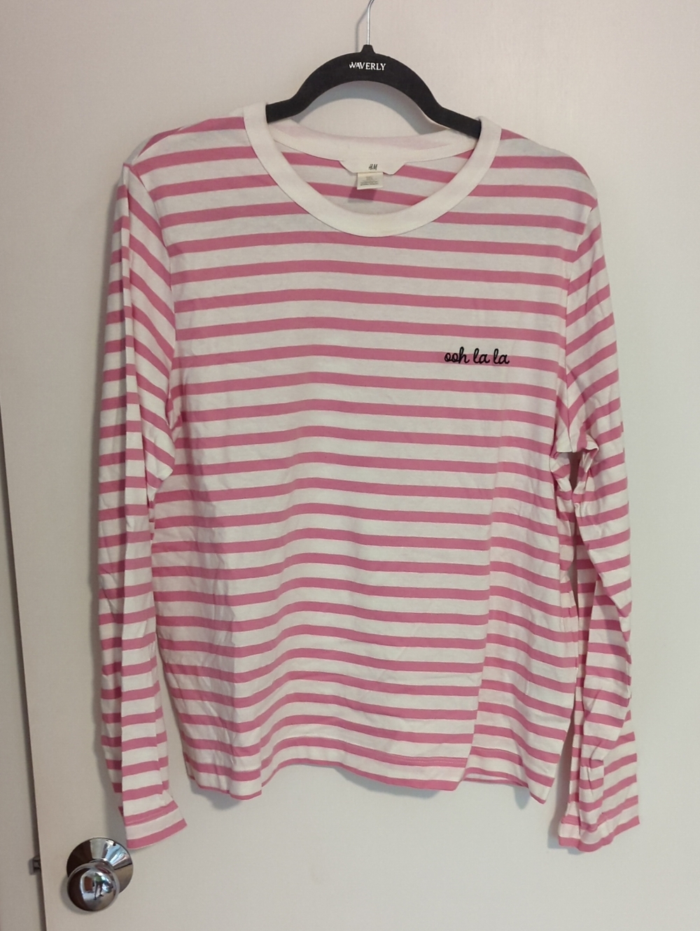 H&M Pink and White Striped Long-Sleeve Tee with 'ooh la la' Embroidery